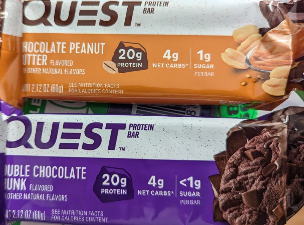 Quest protein snack bars: chocolate peanut butter and double chocolate chunk, two of the flavors without sucralose