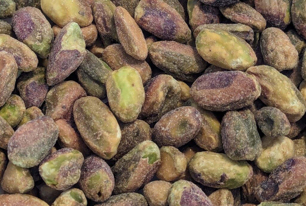 A healthy snack of shelled pistachios