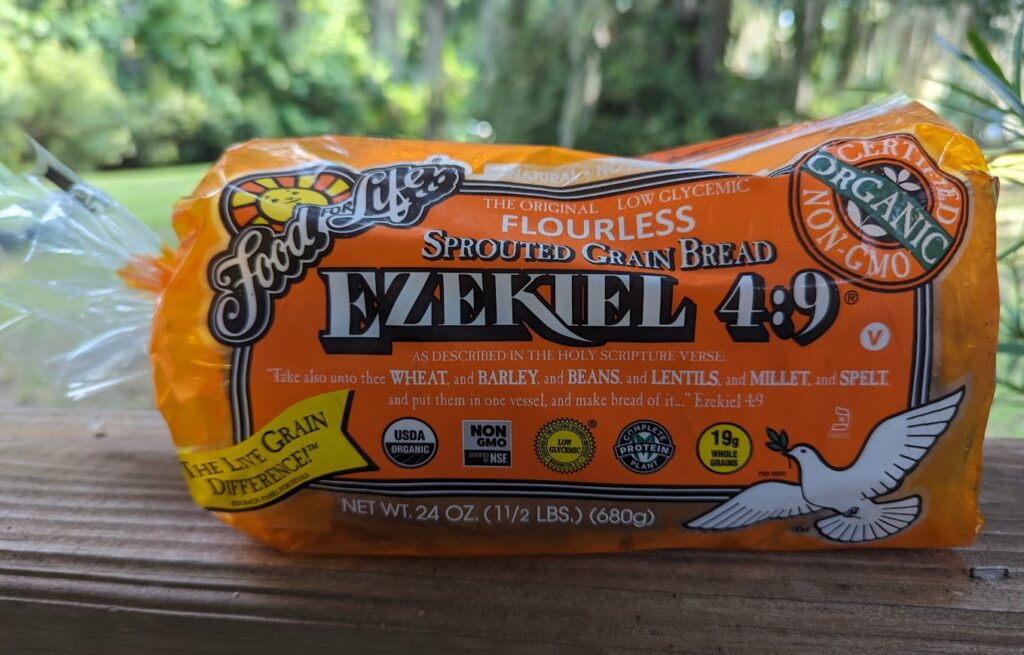 A packaged loaf of Ezekiel 4:9 flourless sprouted grain bread