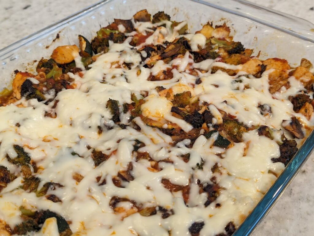 Pasta Sauce Chicken Veggie Bake Up Close View in Baking Dish