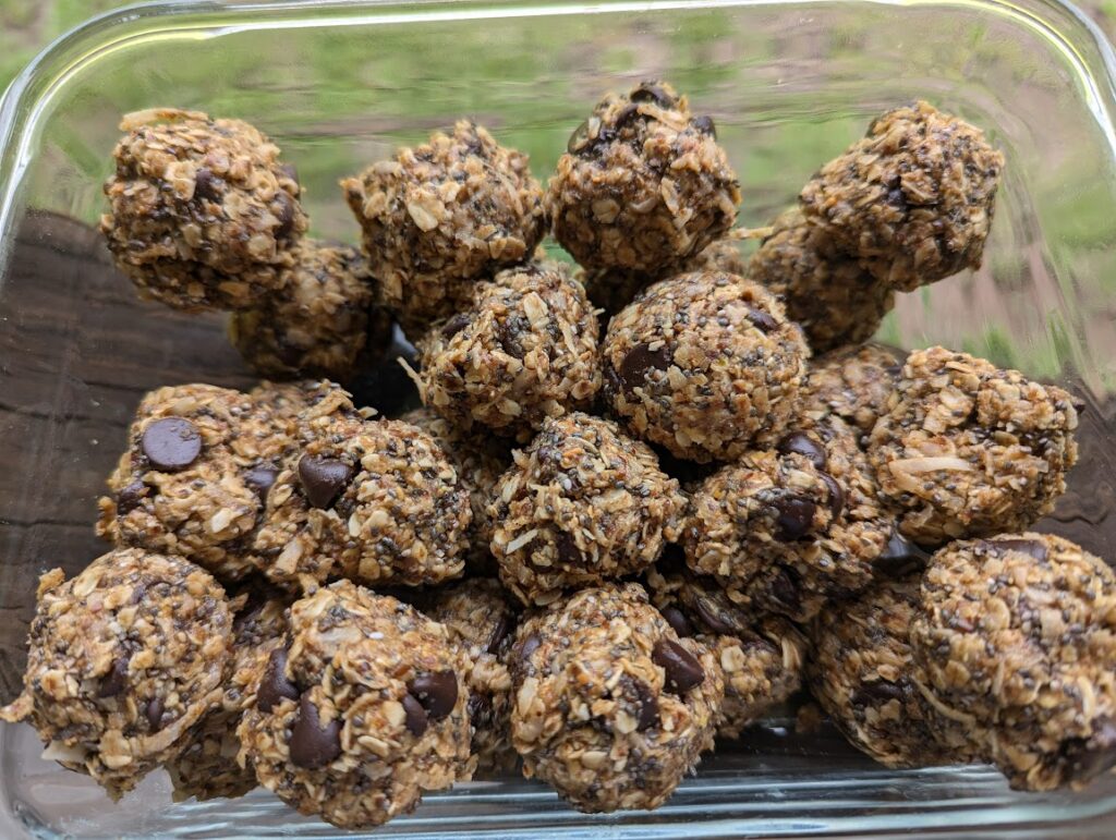 Coconut Chocolate Energy Bites in glass dish