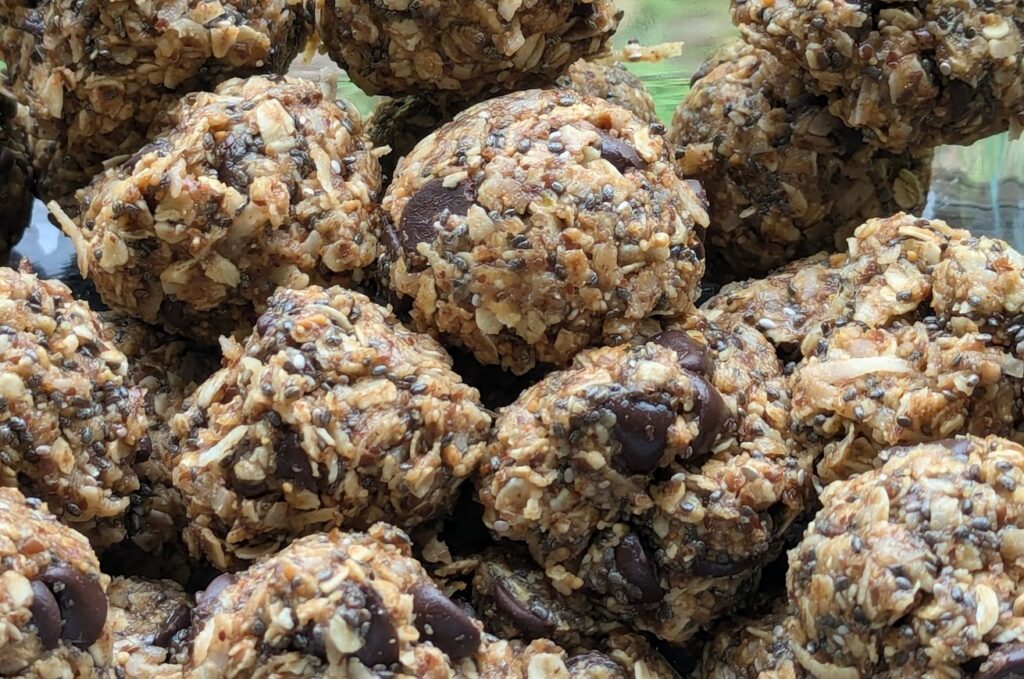 Coconut Chocolate Energy Bites in glass dish