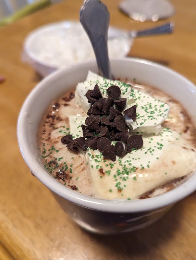 How to eat healthy over Christmas: Hot chocolate with cool whip, chocolate chips, and sprinkles