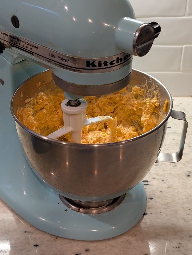 Kitchen-aid Mixer blending ingredients for High Protein Buffalo Chicken Dip