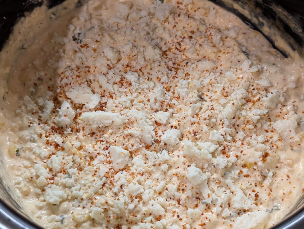 Warm Mexican Corn Dip in crockpot hot and ready to eat