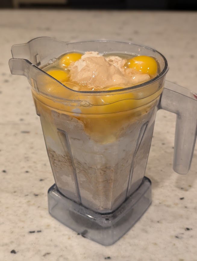 Ingredients in blender for Easy High Protein Waffles
